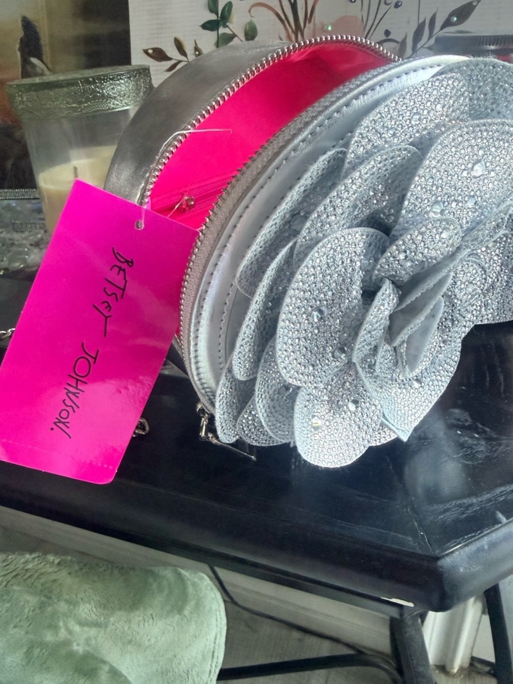 Betsey Johnson Silver Rhinestone Rose Crossbody Purse